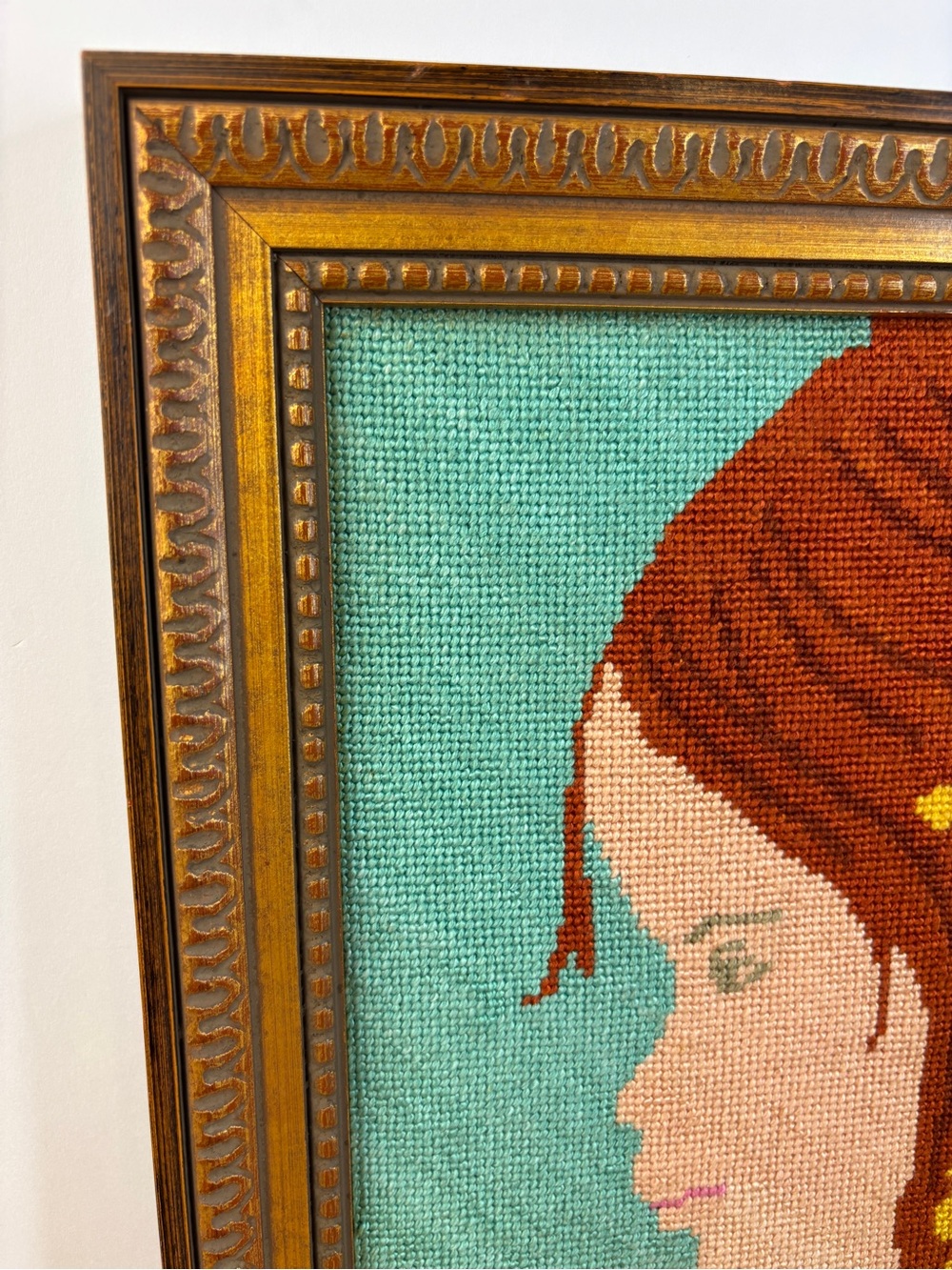 Vintage Handcrafted Needlepoint Redhead Girl Portrait Wall Art 15” x 11” - Picture 2 of 8